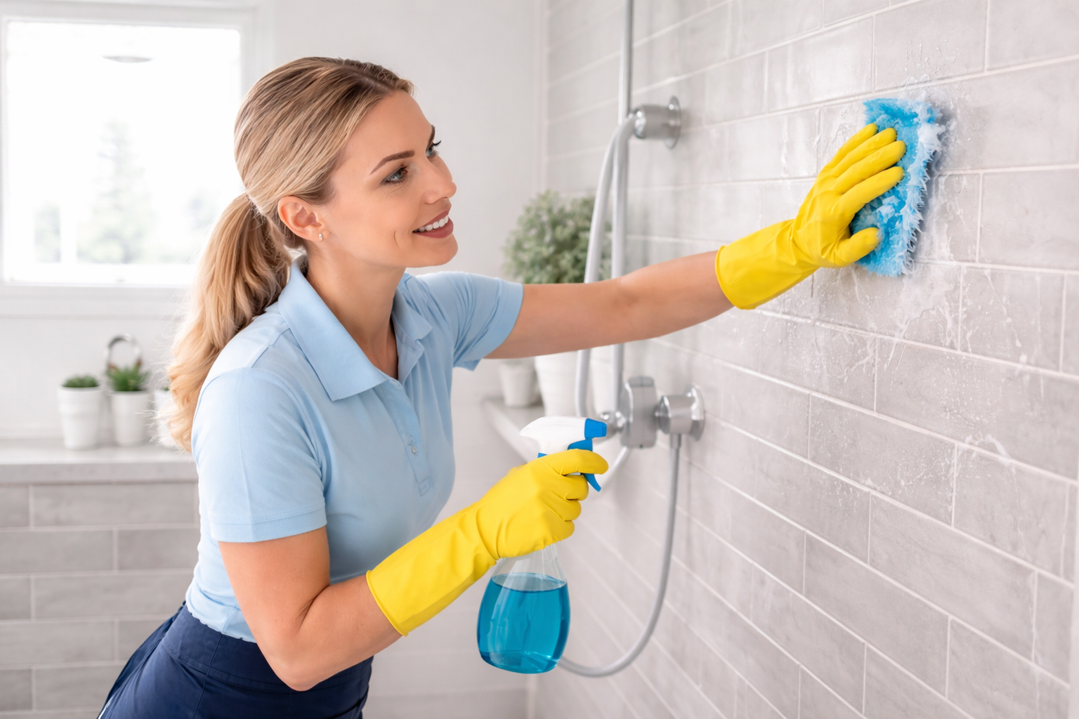 Deep cleaning in a bathroom with tile scrubbing